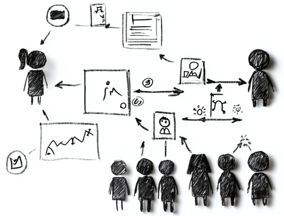  Sketch of a complex sales process showing multiple hand-offs and communication gaps, representing how poor coordination slows the B2B buying journey.