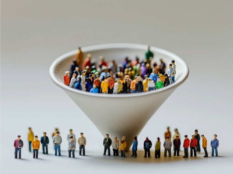 Concept image of a B2B marketing funnel showing miniature businesspeople entering the top and filtering through, representing how leads move through each stage of a marketing system