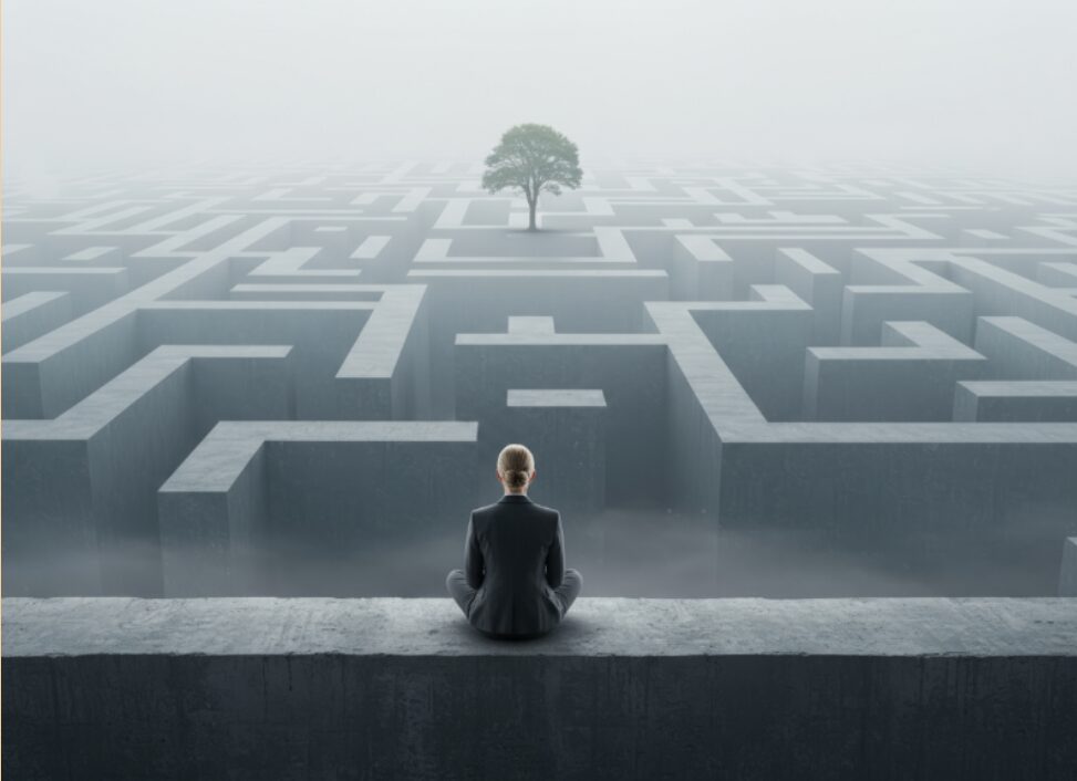Business leader facing a complex marketing maze with a clear goal ahead, symbolizing the challenge of finding clarity and focus in B2B marketing strategy.