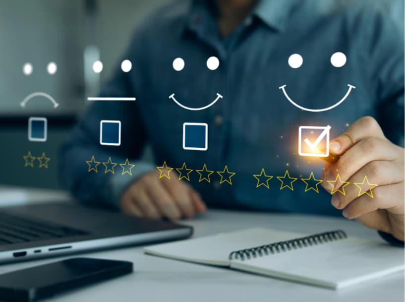  Business professional giving a five-star satisfaction rating on digital screen, symbolizing client feedback, loyalty, and advocacy in B2B service relationships